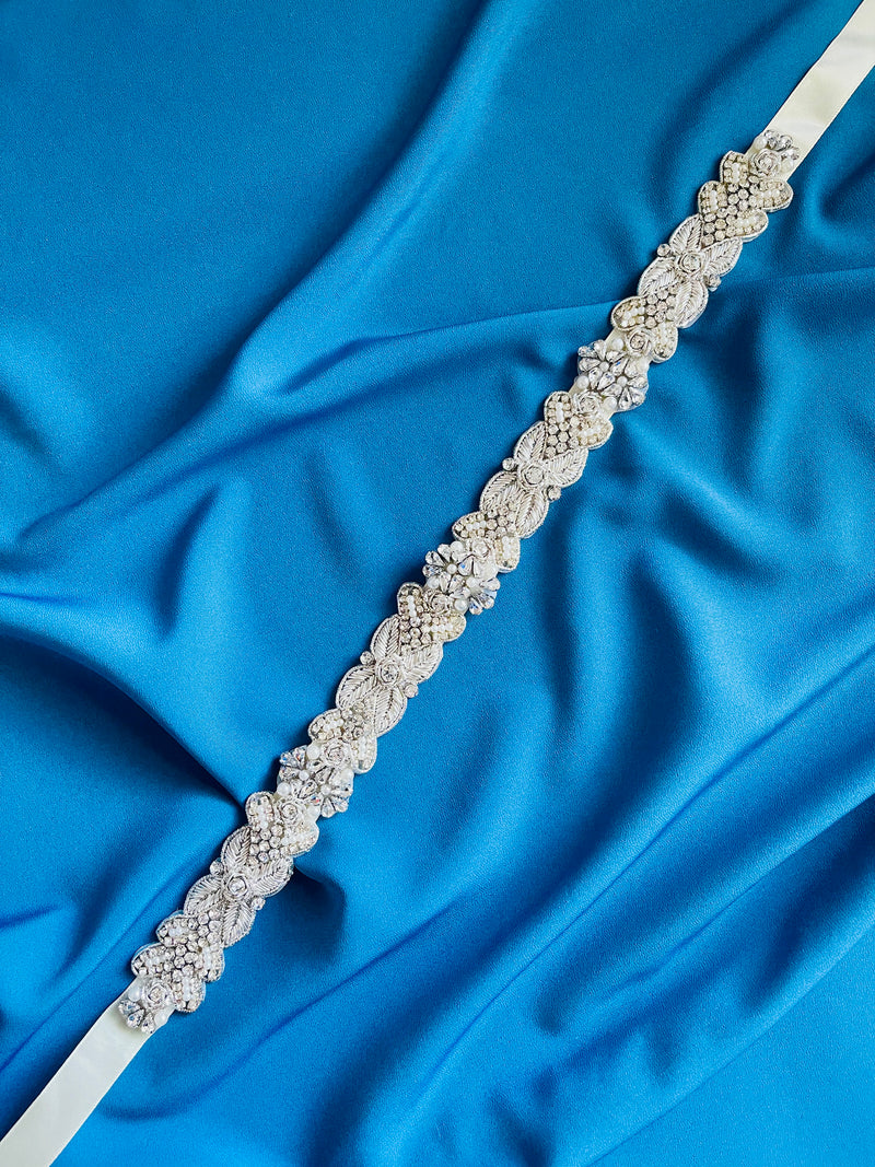 KENDALL - Slim Intricately Patterned Crystal Belt Sash In Silver