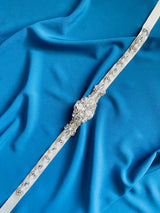 NICOLA - Slim, Refined Crystal And Pearl Belt Sash With Ornate Centre In Silver