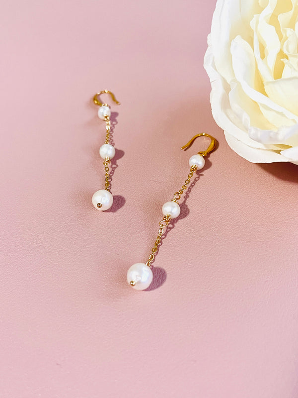 PEARLENE - 5-8MM TRIPLE PEARL DROP CHAIN EARRINGS