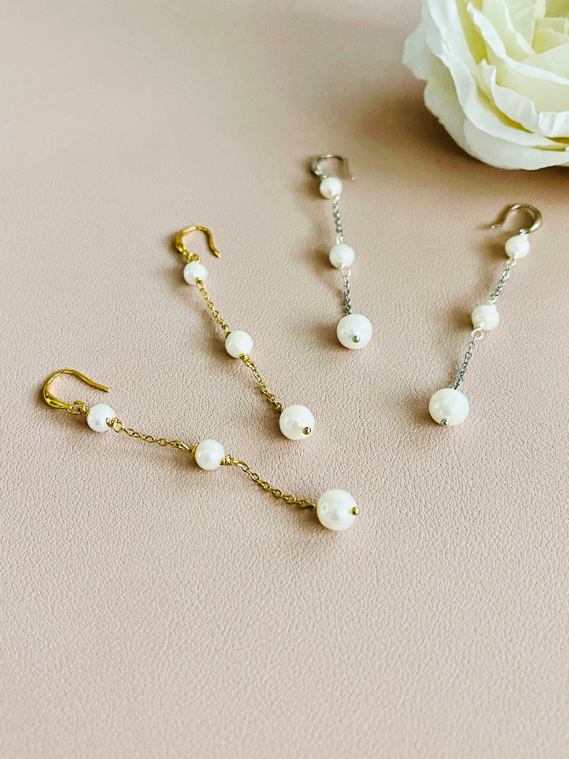 PEARLENE - 5-8MM TRIPLE PEARL DROP CHAIN EARRINGS