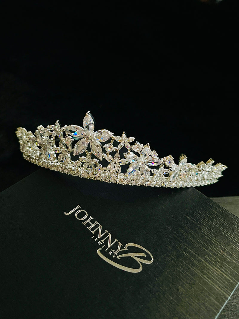 TATIANA - Floral-Patterned CZ Tiara In Silver