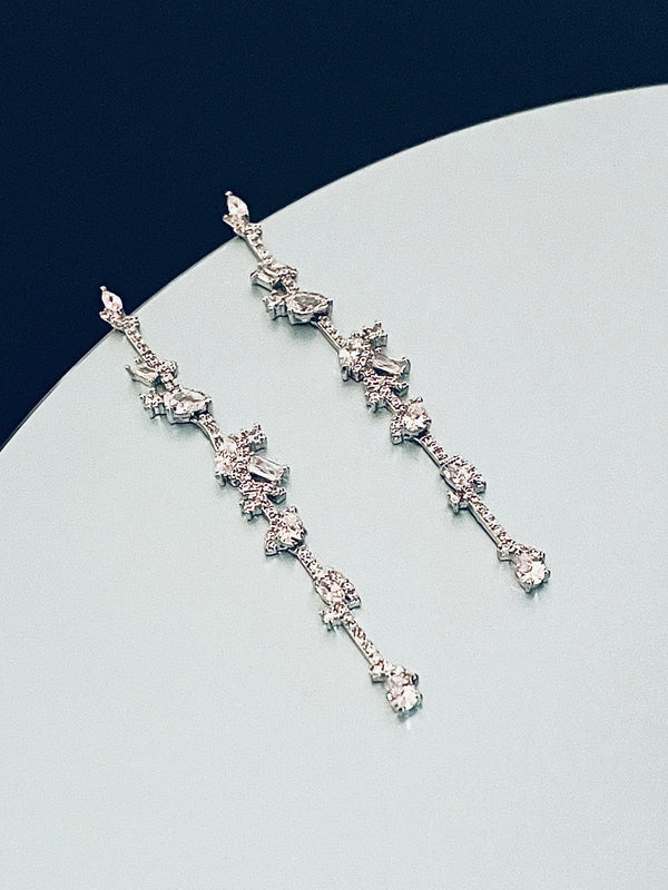 ECHO - Delicate Slim Multi-Crystal Drop Earrings In Silver - JohnnyB Jewelry