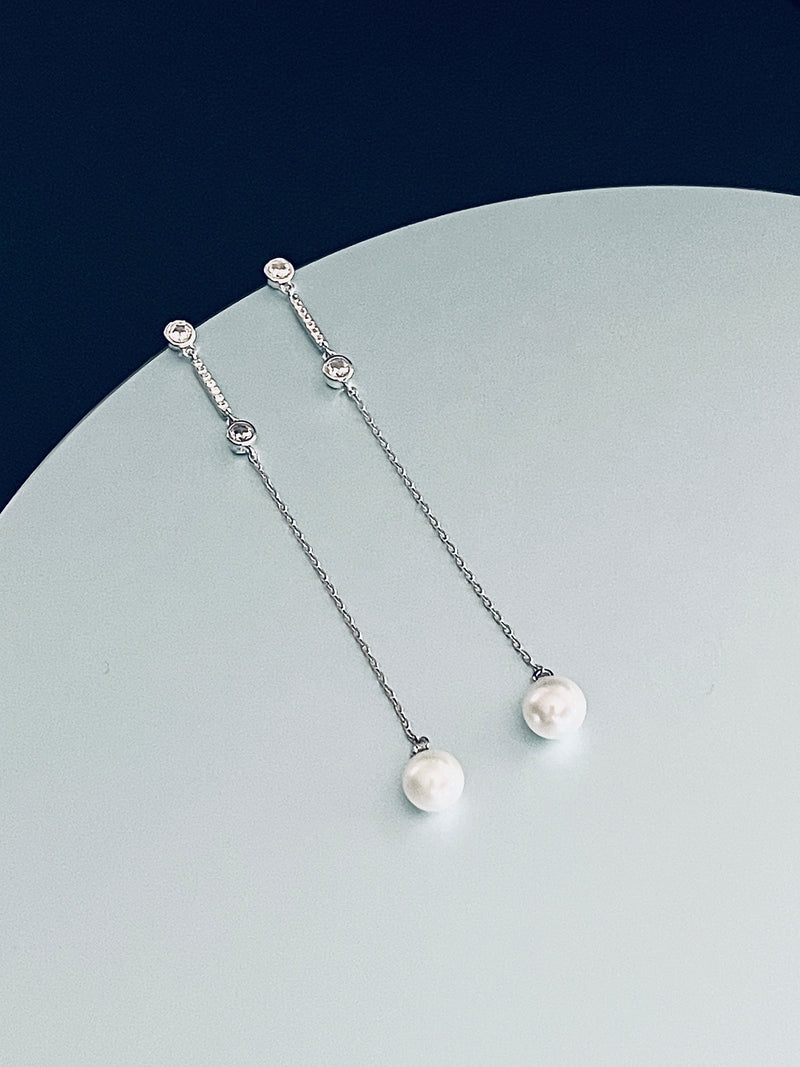 OCEANA - Slim Pearl Drop Earrings In Silver - JohnnyB Jewelry