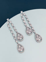PAULINE - Long Double Teardrop CZ Crystal Earrings In Silver - JohnnyB Jewelry