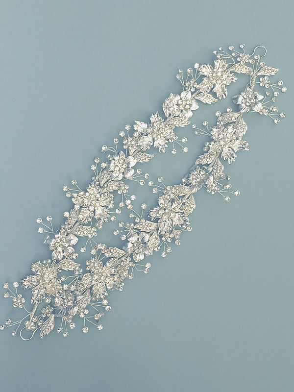 HERMOINE - Flowers With Crystal Accents And Sprays Double-Strand Hair Piece In Silver