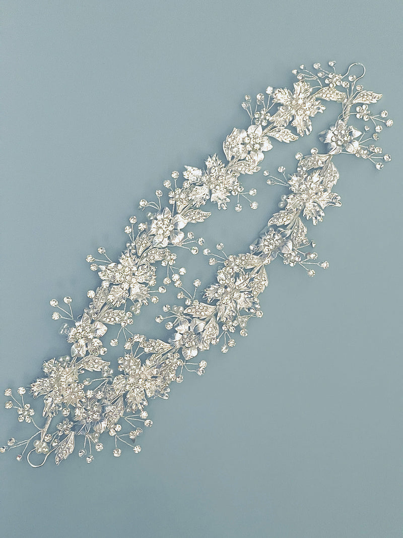 HERMOINE - Flowers With Crystal Accents And Sprays Double-Strand Hair Piece In Silver