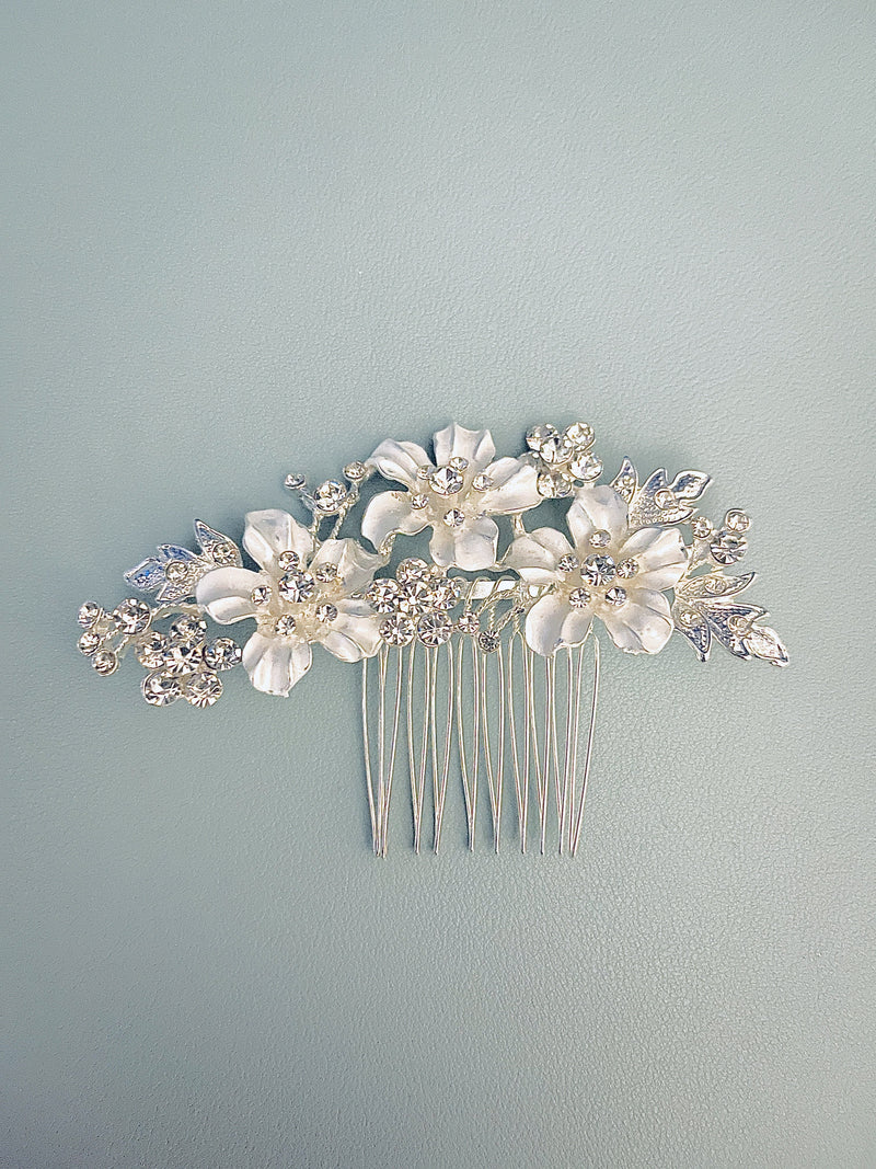 MARA - Metal Flowers With Round Crystal Hair Comb