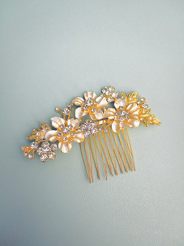 MARA - Metal Flowers With Round Crystal Hair Comb
