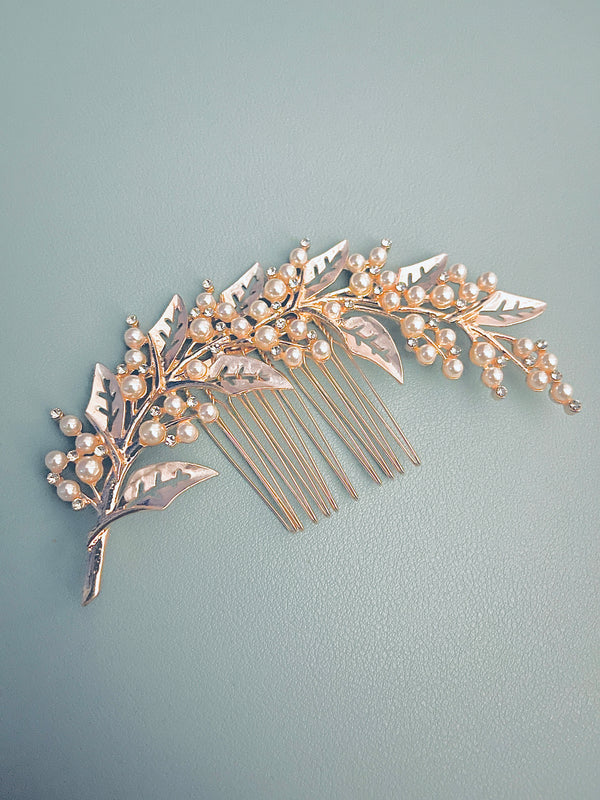 REBECCA - Silver Cut-Out Leaves With Pearl Hair Comb