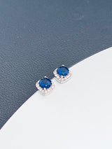 THAIS - Classic Round Sapphire Blue CZ Stud Earrings In Silver - JohnnyB Jewelry