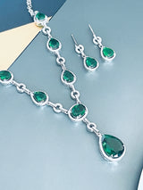 FERNANDA - 16.5" Glamorous Emerald Green CZ Necklace With Large Center Teardrop Stone Necklace In Silver