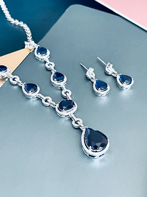 FERNANDA - 16.5" Glamorous Sapphire Blue CZ Necklace With Large Center Teardrop Stone Necklace In Silver - JohnnyB Jewelry