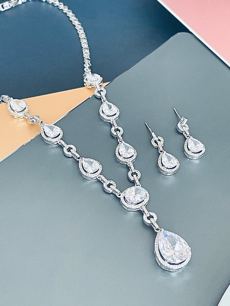 FERNANDA - 16.5" Glamorous Clear CZ Necklace With Large Center Teardrop Stone Necklace In Silver