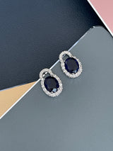 MICHELLE - 17" Oval Sapphire Blue CZ Stone With Matching Stud Earrings In Silver - JohnnyB Jewelry