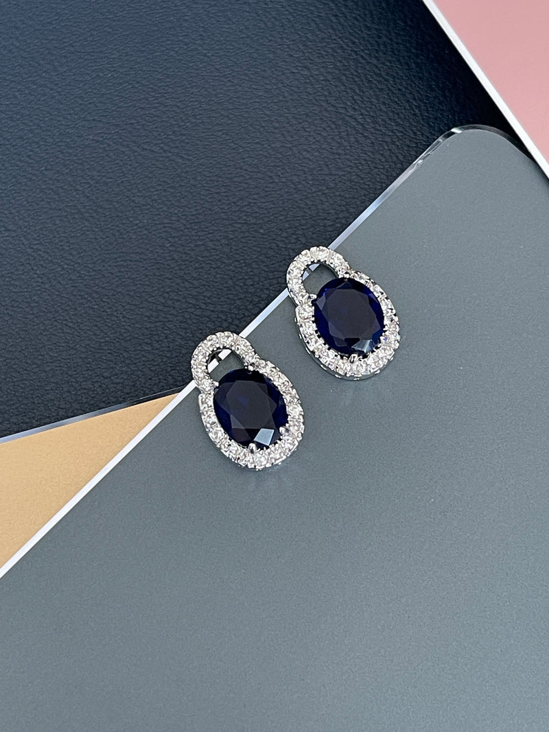MICHELLE - 17" Oval Sapphire Blue CZ Stone With Matching Stud Earrings In Silver - JohnnyB Jewelry