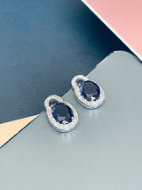 MICHELLE - 17" Oval Sapphire Blue CZ Stone With Matching Stud Earrings In Silver - JohnnyB Jewelry