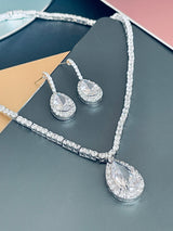 NATASHA - 16" Refined Teardrop Clear Stone With Matching Drop Earrings In Silver