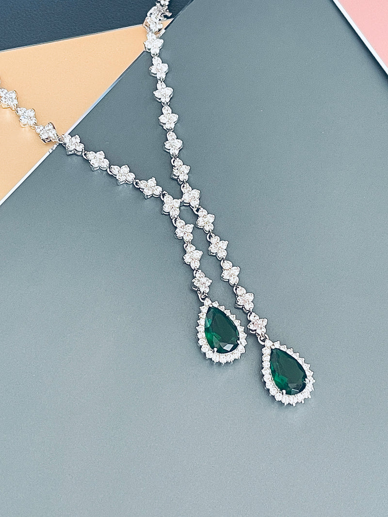 ORIANA - 17" Emerald Green Lariat-Look Necklace With Two Teardrop CZ Stones With Matching Drop Earrings In Silver - JohnnyB Jewelry