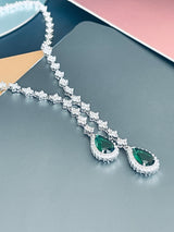 ORIANA - 17" Emerald Green Lariat-Look Necklace With Two Teardrop CZ Stones With Matching Drop Earrings In Silver - JohnnyB Jewelry