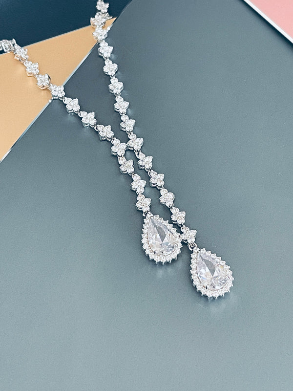 ORIANA - 17" Clear Lariat-Look Necklace With Two Teardrop CZ Stones With Matching Drop Earrings In Silver - JohnnyB Jewelry