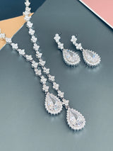 ORIANA - 17" Clear Lariat-Look Necklace With Two Teardrop CZ Stones With Matching Drop Earrings In Silver - JohnnyB Jewelry