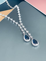 ORIANA - 17" Sapphire Blue Lariat-Look Necklace With Two Teardrop CZ Stones With Matching Drop Earrings In Silver - JohnnyB Jewelry