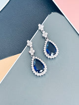 ORIANA - 17" Sapphire Blue Lariat-Look Necklace With Two Teardrop CZ Stones With Matching Drop Earrings In Silver - JohnnyB Jewelry