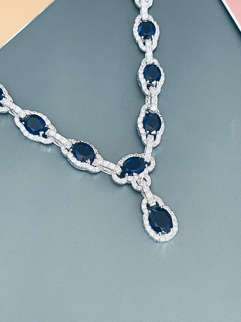 MICHELLE - 17" Oval Sapphire Blue CZ Stone With Matching Stud Earrings In Silver - JohnnyB Jewelry
