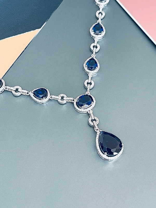 FERNANDA - 16.5" Glamorous Sapphire Blue CZ Necklace With Large Center Teardrop Stone Necklace In Silver - JohnnyB Jewelry