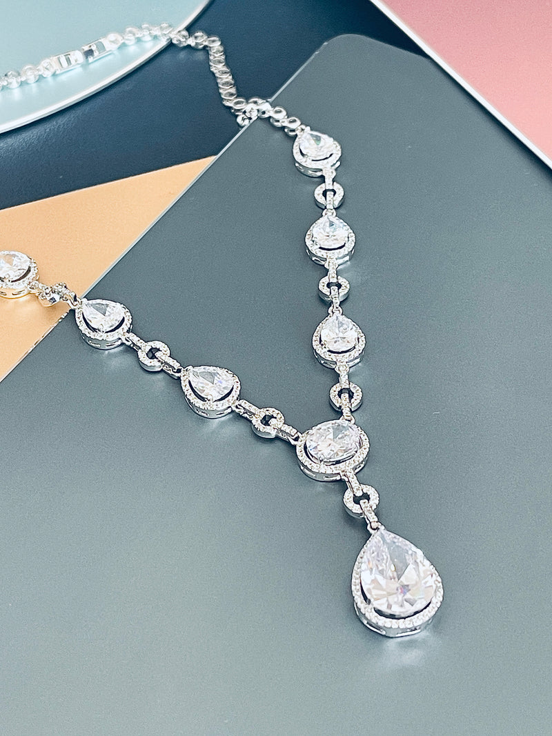 FERNANDA - 16.5" Glamorous Clear CZ Necklace With Large Center Teardrop Stone Necklace In Silver