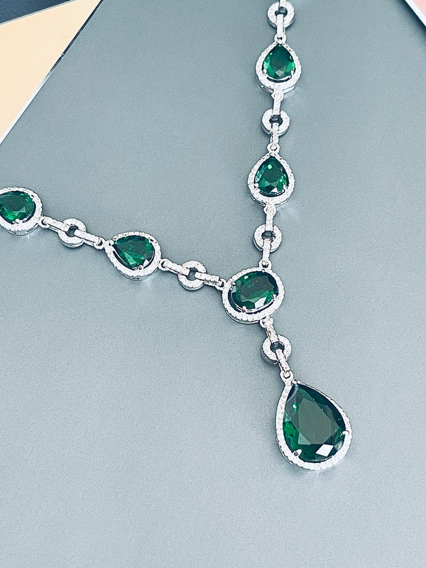 FERNANDA - 16.5" Glamorous Emerald Green CZ Necklace With Large Center Teardrop Stone Necklace In Silver