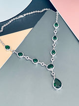 FERNANDA - 16.5" Glamorous Emerald Green CZ Necklace With Large Center Teardrop Stone Necklace In Silver