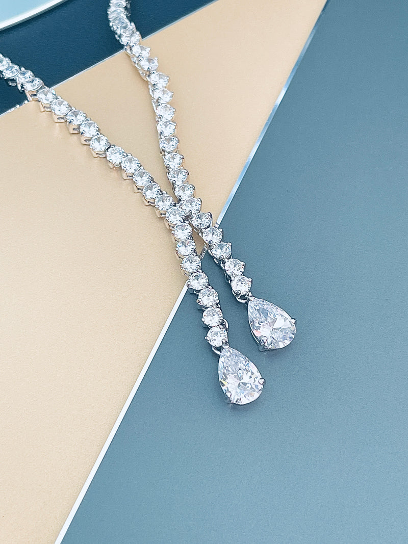 PAULINA - Delicate Lariat-look Necklace with Two Smaller Teardrop CZ Stones In Silver - JohnnyB Jewelry