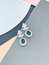 SUZANNA - 16.5" Emerald Green Oval CZ Necklace With Matching Dangle Drop Earrings In Silver - JohnnyB Jewelry