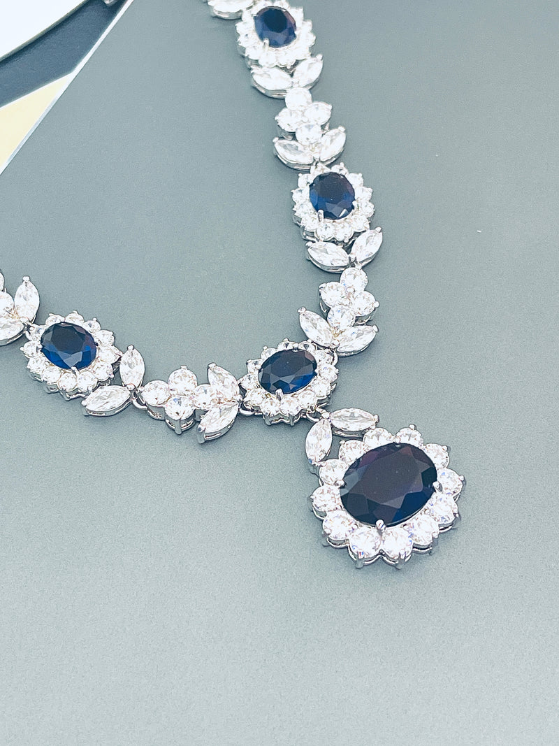 SUZANNA - 16.5" Sapphire Blue Oval CZ Necklace With Matching Dangle Drop Earrings In Silver - JohnnyB Jewelry