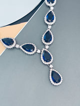 TZIPPORAH - 16" Glamorous Sapphire Blue CZ With Two-Teardrop Necklace In Silver - JohnnyB Jewelry