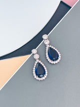 TZIPPORAH - 16" Glamorous Sapphire Blue CZ With Two-Teardrop Necklace In Silver - JohnnyB Jewelry