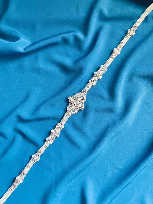THEA - Glamorous Belt Sash With Multi-Size And Shape Crystal Medallion In Silver