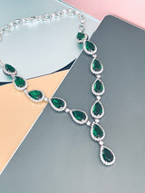 TZIPPORAH - 16" Glamorous Emerald Green CZ With Two-Teardrop Necklace In Silver - JohnnyB Jewelry