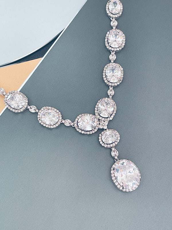 VIRGINIA - 16.5" Clear Oval CZ Necklace And Matching Drop Earrings In Silver - JohnnyB Jewelry