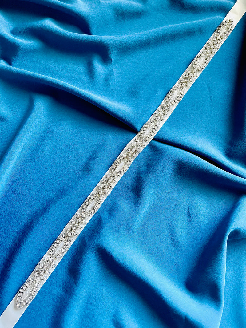 CAROLINE - Sophisticated Modern Crystal-Patterned Belt Sash In Silver