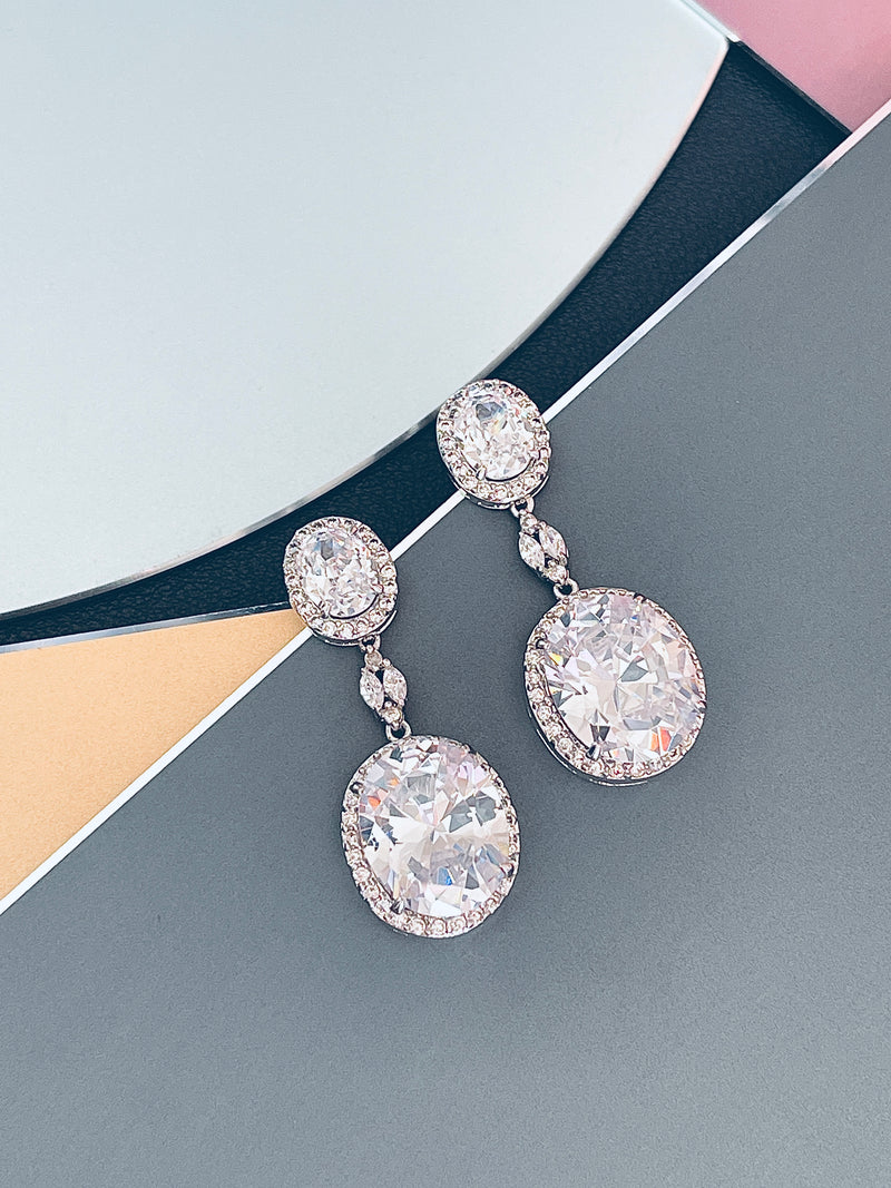 VIRGINIA - 16.5" Clear Oval CZ Necklace And Matching Drop Earrings In Silver - JohnnyB Jewelry