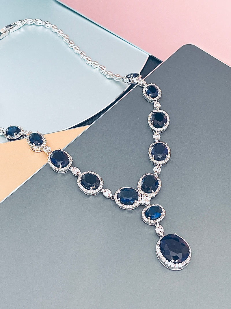 VIRGINIA - 16.5" Sapphire Blue Oval CZ Necklace And Matching Drop Earrings In Silver - JohnnyB Jewelry