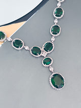 VIRGINIA - 16.5" Emerald Green Oval CZ Necklace And Matching Drop Earrings In Silver - JohnnyB Jewelry