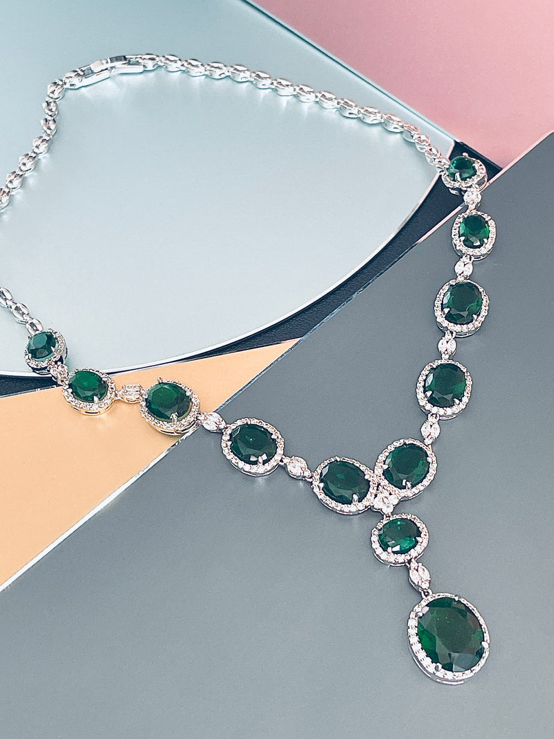 VIRGINIA - 16.5" Emerald Green Oval CZ Necklace And Matching Drop Earrings In Silver - JohnnyB Jewelry