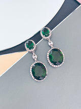 VIRGINIA - 16.5" Emerald Green Oval CZ Necklace And Matching Drop Earrings In Silver - JohnnyB Jewelry