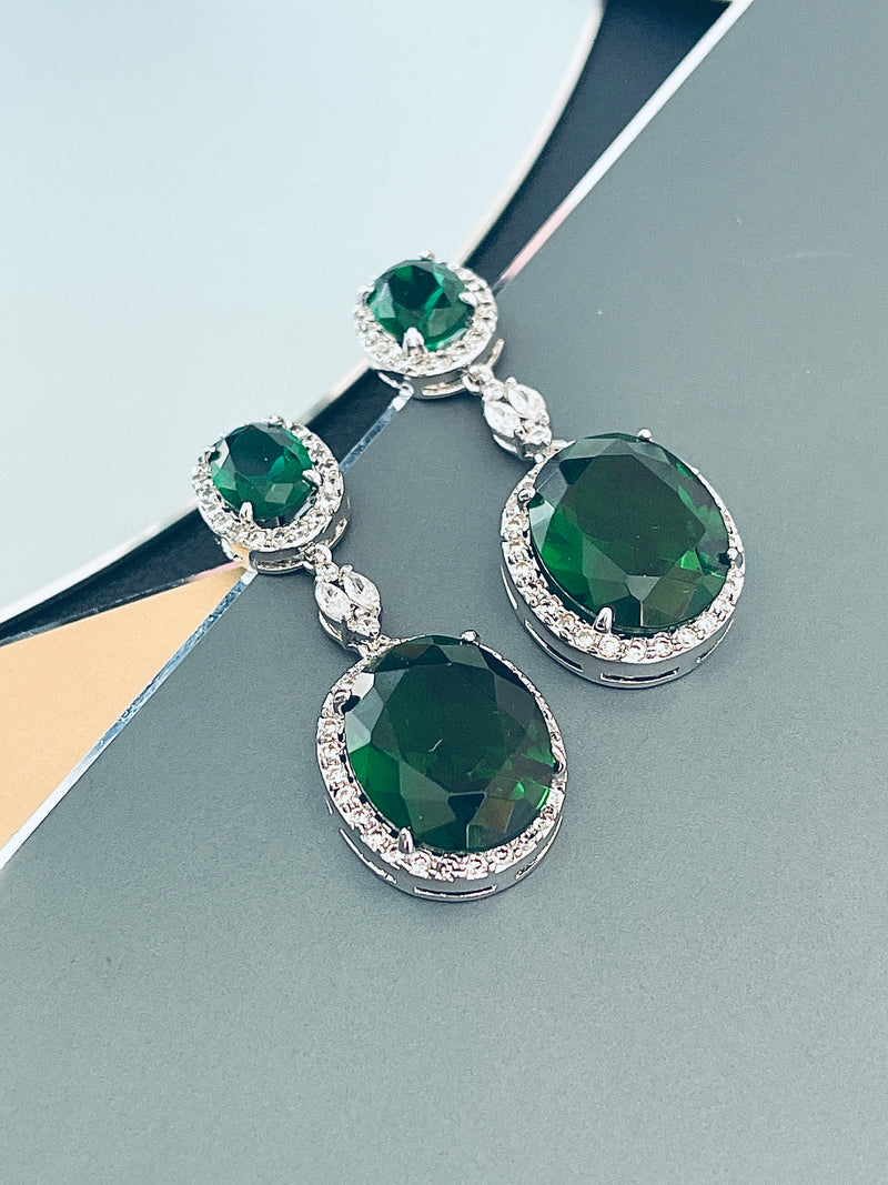 VIRGINIA - 16.5" Emerald Green Oval CZ Necklace And Matching Drop Earrings In Silver - JohnnyB Jewelry