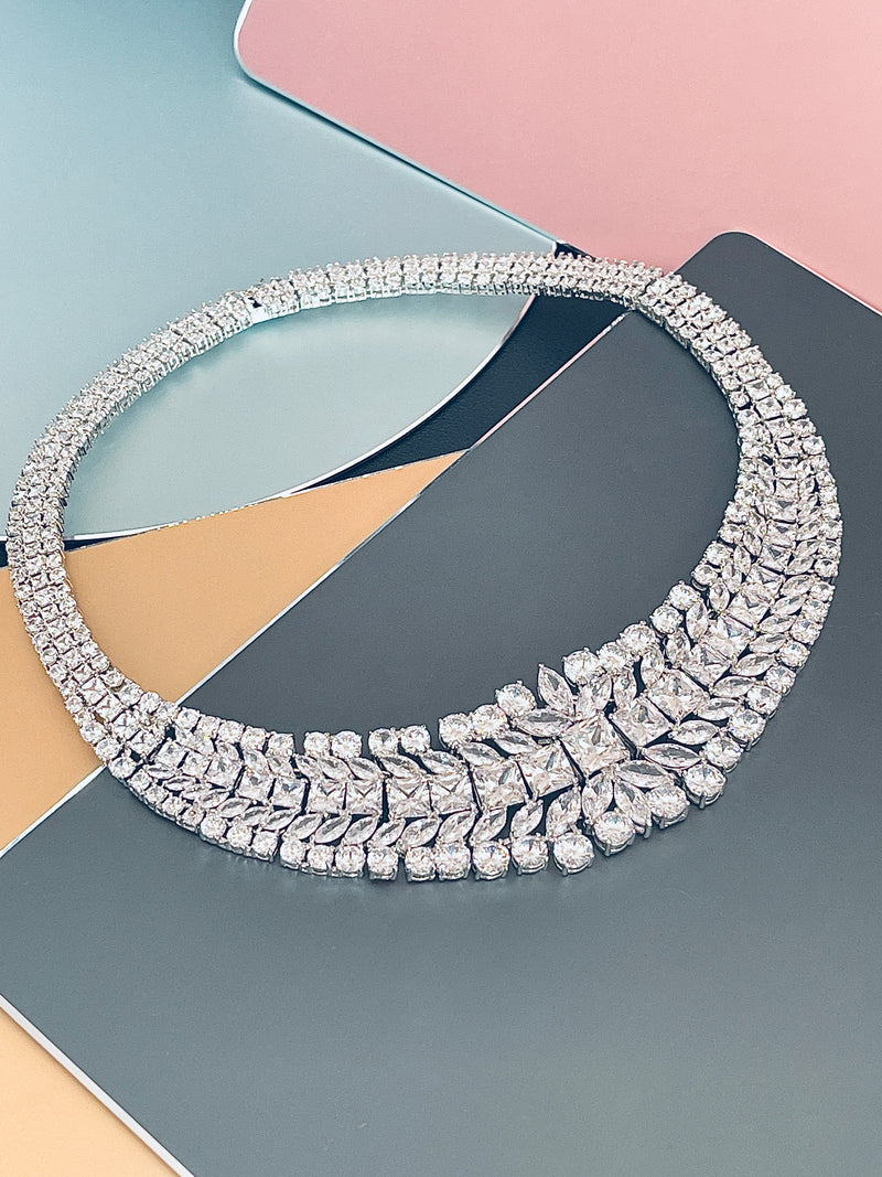 BERENICE - 15.5" Clear CZ Collar Necklace With Larger Square CZ Stones And Matching Earrings In Silver - JohnnyB Jewelry