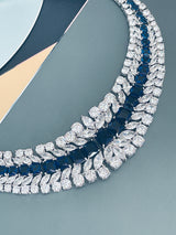 BERENICE - 15.5" Sapphire Blue CZ Collar Necklace With Larger Square CZ Stones And Matching Earrings In Silver - JohnnyB Jewelry