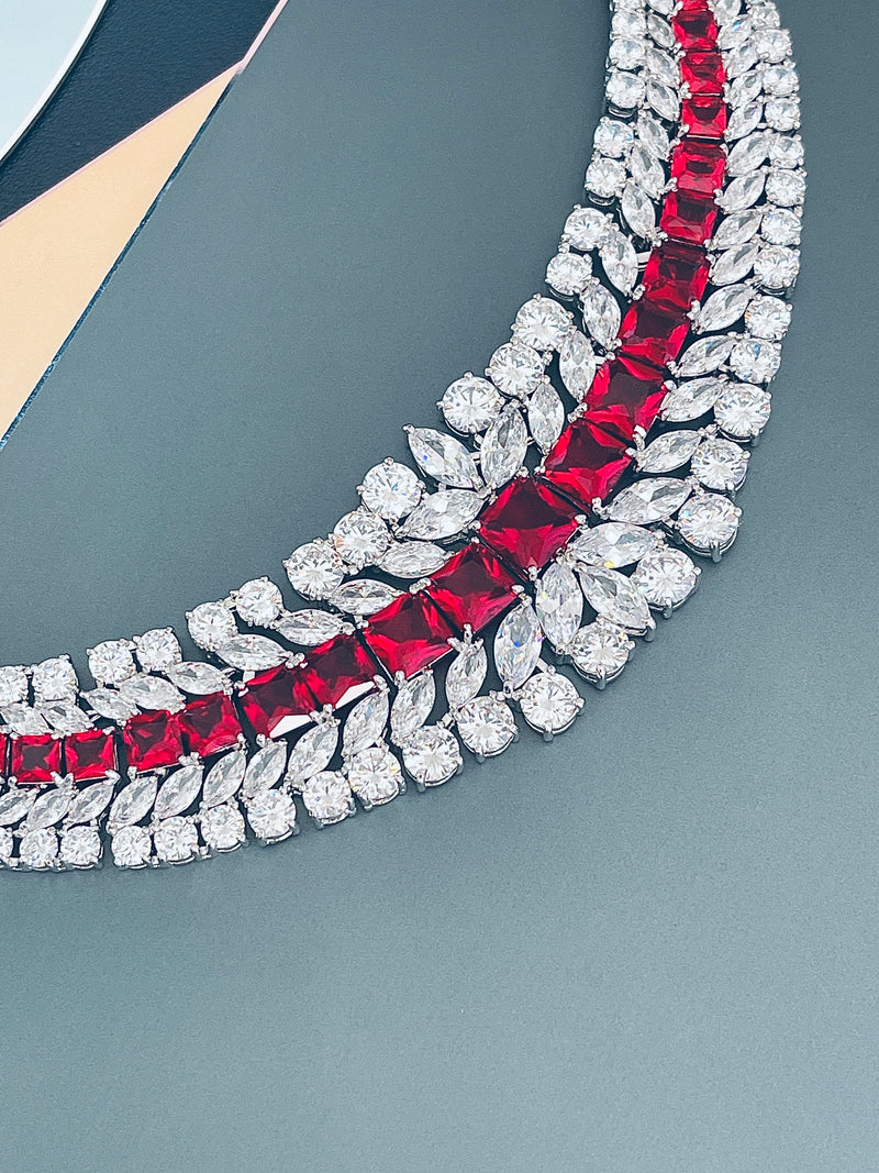BERENICE - 15.5" Red CZ Collar Necklace With Larger Square CZ Stones And Matching Earrings In Silver - JohnnyB Jewelry